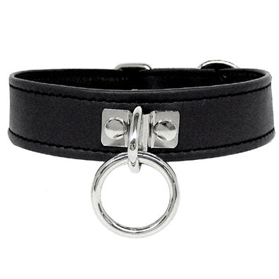 Leather collar with lining and a halter ring. Available in black/black, black/pink, black/purple, black/red, black/yellow, gray/black, purple/black, red/black leather or black/red suede and sizes Small/Medium and Medium/Large. 