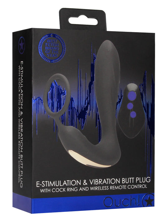 E-Stimulation and Vibration Butt Plug With Cock Ring and Wireless Remote Control - Black