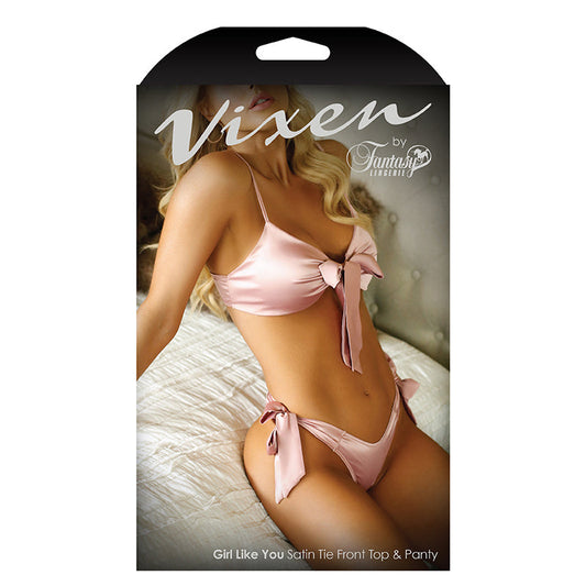 Fantasy Lingerie Vixen Girl Like You Satin Tie-Front Top & Matching Side-Tie Panty Light Pink L/XL - Not Very Vanilla