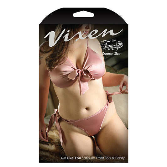 Fantasy Lingerie Vixen Girl Like You Satin Tie Front Top & Side Tie Panty Light Pink Queen Size - Not Very Vanilla