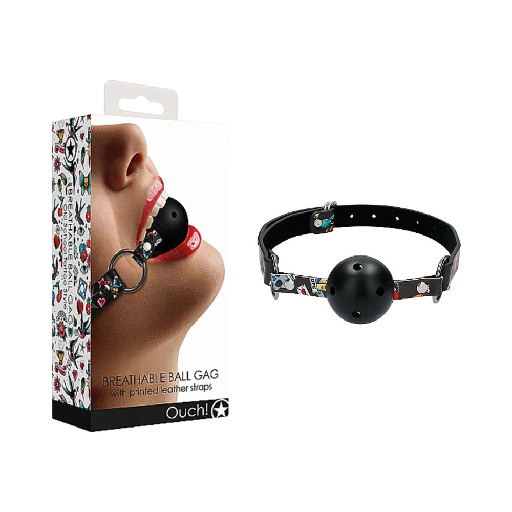 Ouch! Old School Tattoo Style Breathable Ball Gag With Adjustable Printed Straps Multi-Color - Not Very Vanilla