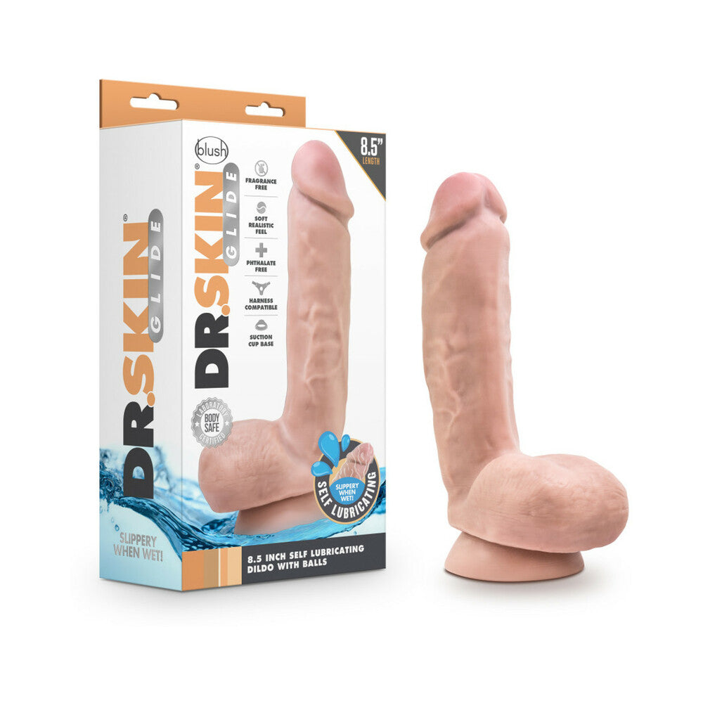 Blush Dr. Skin Glide Realistic 8.5 in. Self-Lubricating Dildo with Balls & Suction Cup Beige - Not Very Vanilla