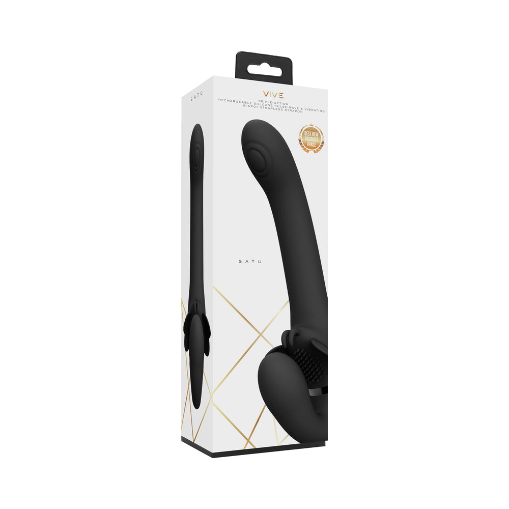 VIVE SATU Rechargeable Triple Motor Pulse-Wave Vibrating Silicone Strapless Strap-On Black - Not Very Vanilla