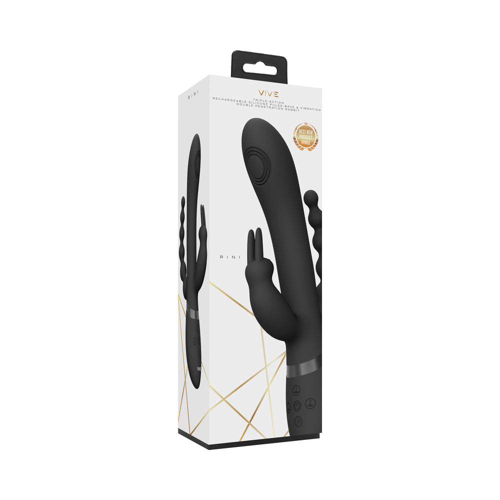 VIVE RINI Rechargeable Triple-Motor Pulse-Wave Dual Entry Silicone Rabbit Vibrator Black - Not Very Vanilla