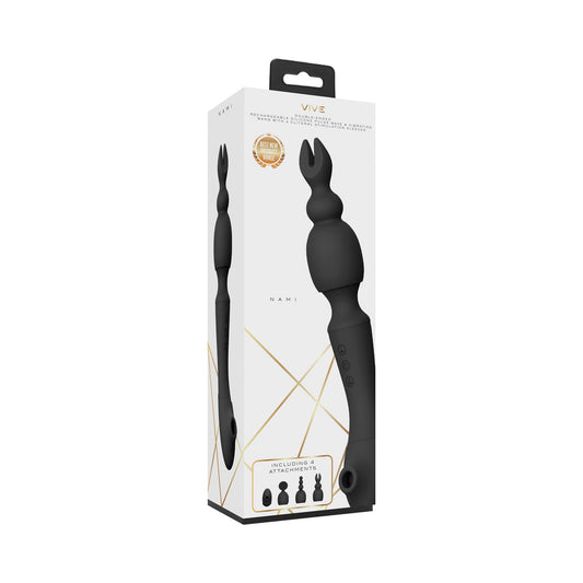 VIVE NAMI Dual-Ended Pulse Wave & Vibrating Wand With Interchangeable Sleeves Black - Not Very Vanilla