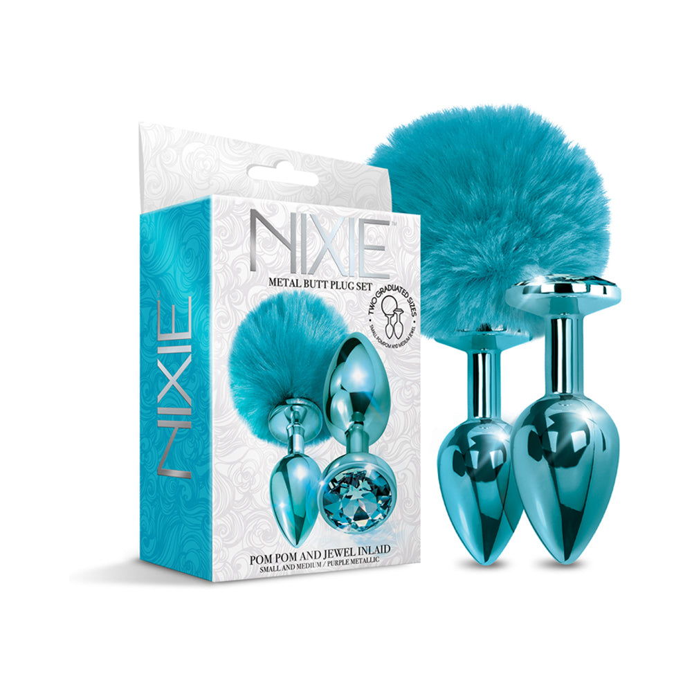 NIXIE Metal Butt Plug Set Pom Pom and Jewel-Inlaid Metallic Blue - Not Very Vanilla