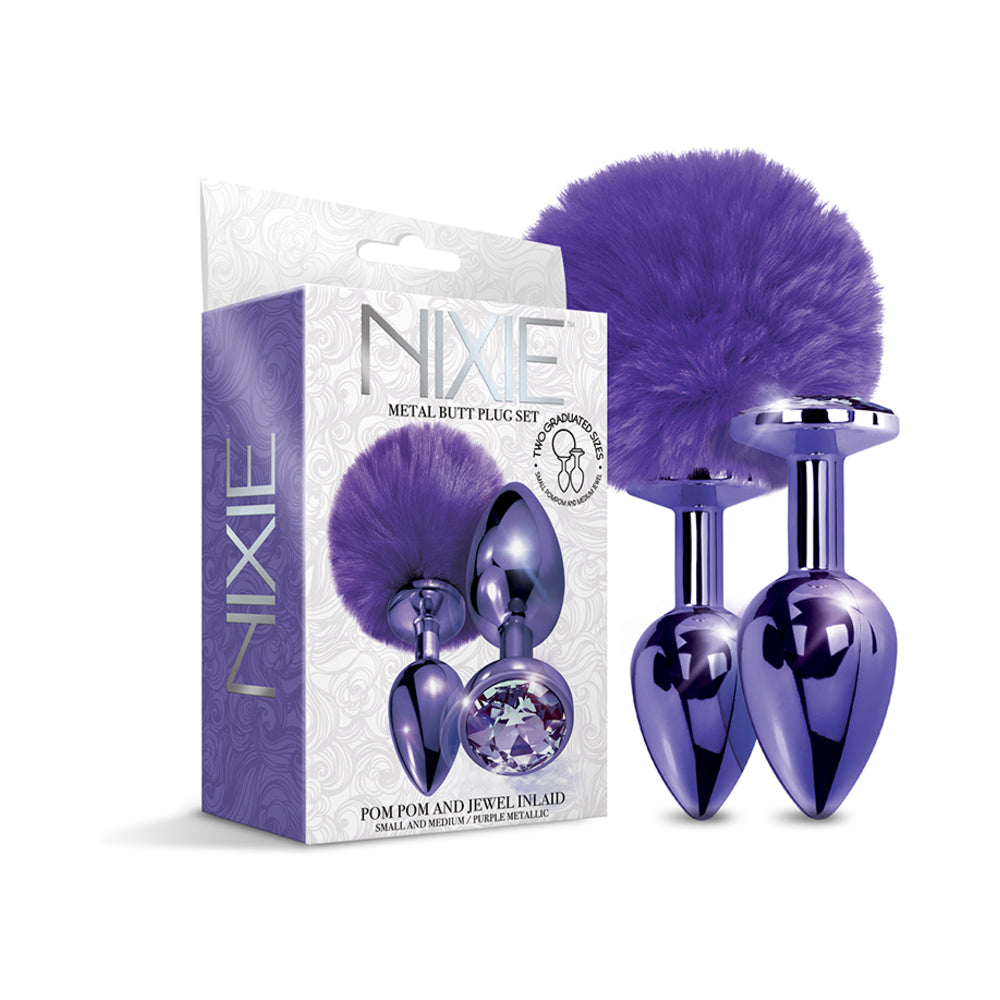 NIXIE Metal Butt Plug Set Pom Pom and Jewel-Inlaid Metallic Purple - Not Very Vanilla