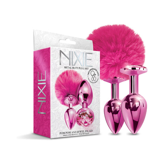 NIXIE Metal Butt Plug Set Pom Pom and Jewel-Inlaid Metallic Pink - Not Very Vanilla