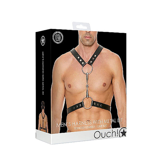 Ouch! Men's Bonded Leather Harness With Metal Bit Black O/S - Not Very Vanilla