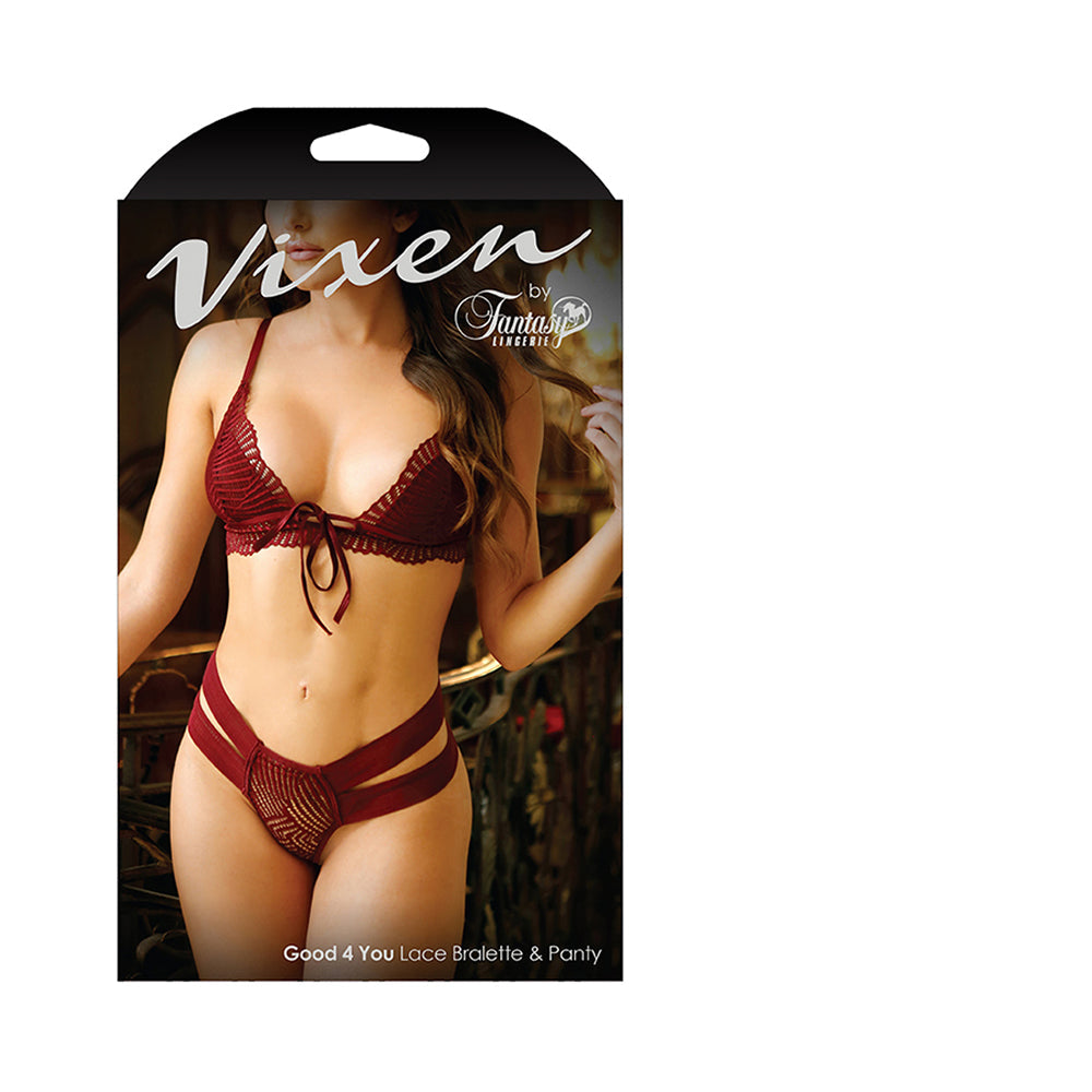 Fantasy Lingerie Vixen Good 4 You Lace Triangle Bralette & Panty Burgundy O/S - Not Very Vanilla