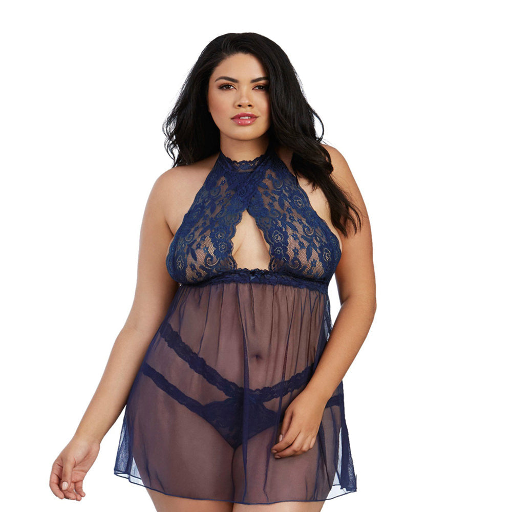 Dreamgirl Stretch Lace & Mesh Babydoll with High-Neck Halter Styling Midnight Queen - Not Very Vanilla