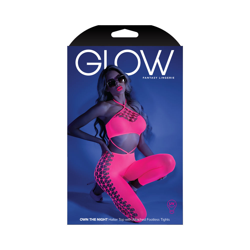 Fantasy Lingerie Glow Own The Night Cropped Cut-Out Halter Bodystocking Neon Pink O/S - Not Very Vanilla