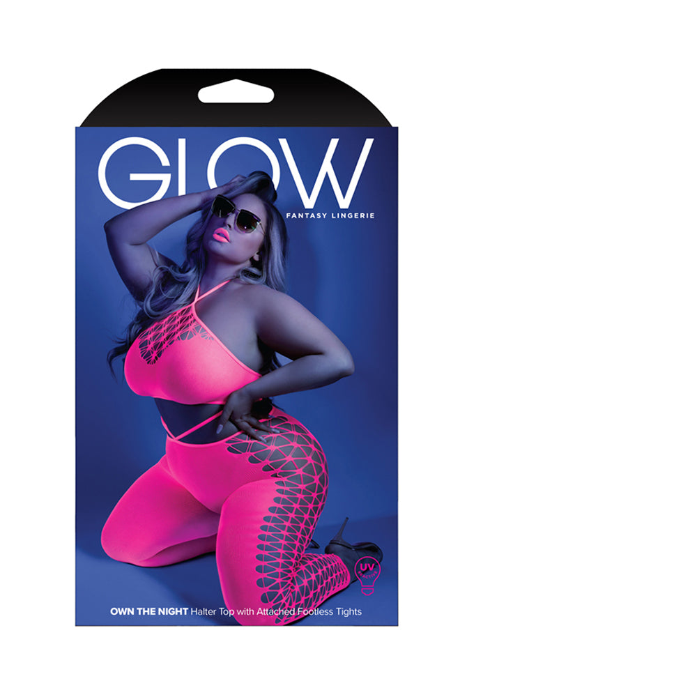 Fantasy Lingerie Glow Own The Night Cropped Cut-Out Halter Bodystocking Neon Pink Queen Size - Not Very Vanilla