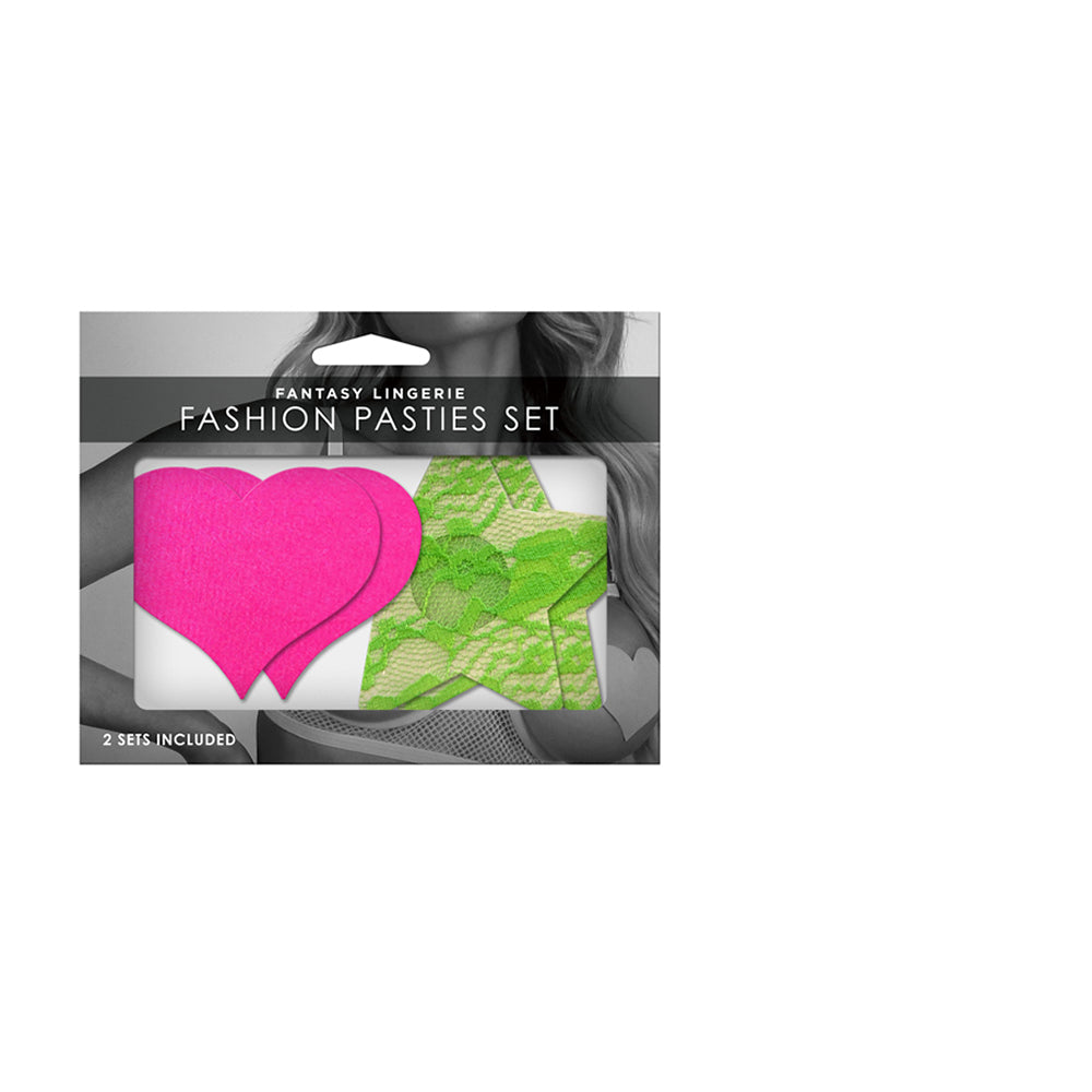 Fantasy Lingerie Neon Pasties 2-Pack Solid Neon Pink Heart & Neon Green Lace Star - Not Very Vanilla