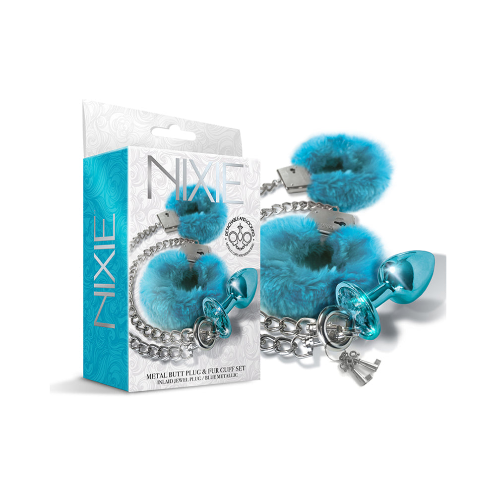 Nixie Metal Butt Plug & Furry Handcuff Set Medium Blue Metallic - Not Very Vanilla