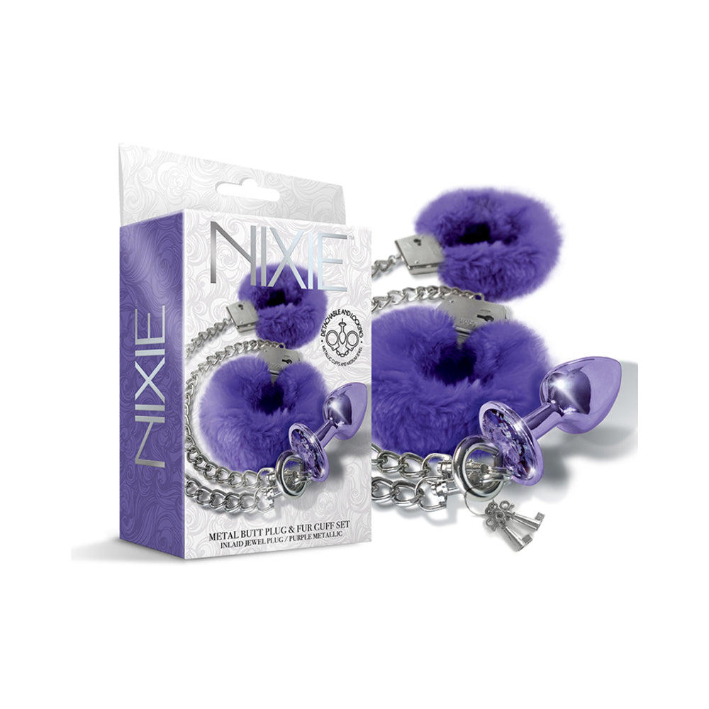 Nixie Metal Butt Plug & Furry Handcuff Set Medium Purple Metallic - Not Very Vanilla