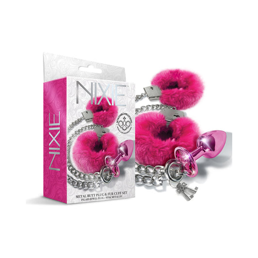 Nixie Metal Butt Plug & Furry Handcuff Set Medium Pink Metallic - Not Very Vanilla