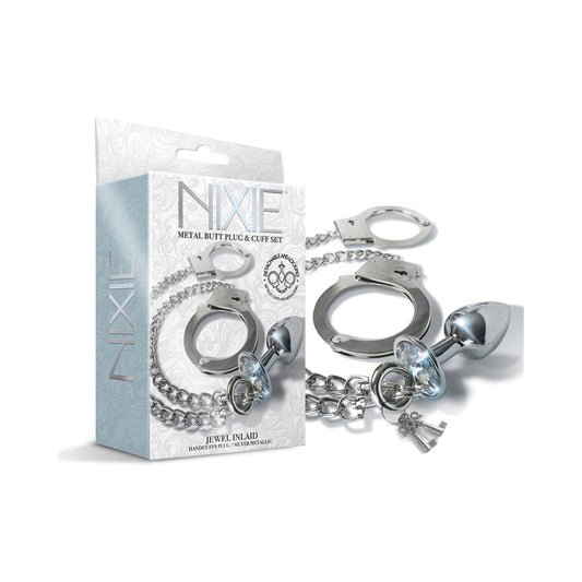 Nixie Metal Butt Plug & Handcuffs Set Silver - Not Very Vanilla