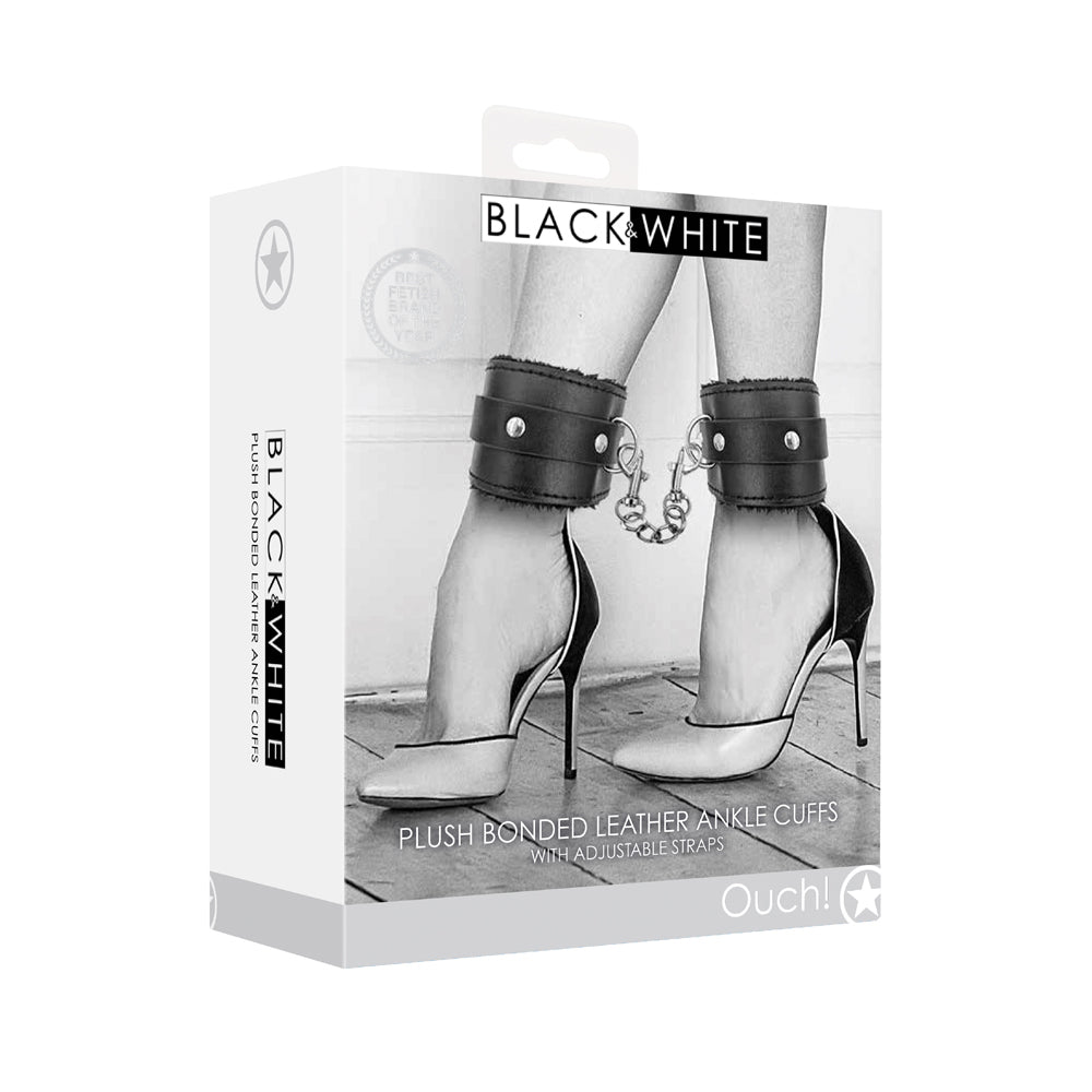 Ouch! Black & White Adjustable Plush Bonded Leather Ankle Cuffs Black - Not Very Vanilla