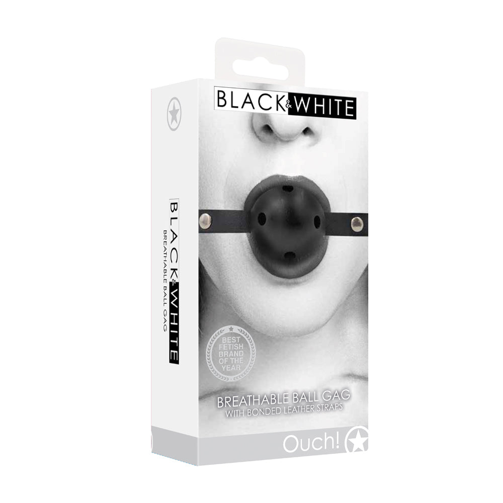 Ouch! Black & White Breathable Ball Gag With Bonded Leather Straps Black - Not Very Vanilla