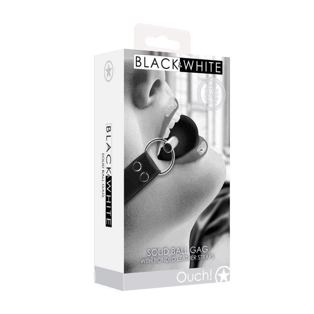 Ouch! Black & White Solid Rubber Ball Gag With Bonded Leather Straps Black - Not Very Vanilla