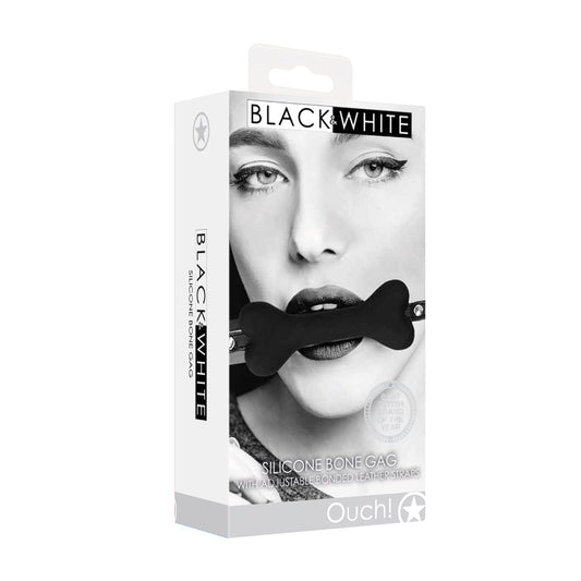 Ouch! Black & White Silicone Bone Gag With Adjustable Bonded Leather Straps Black - Not Very Vanilla