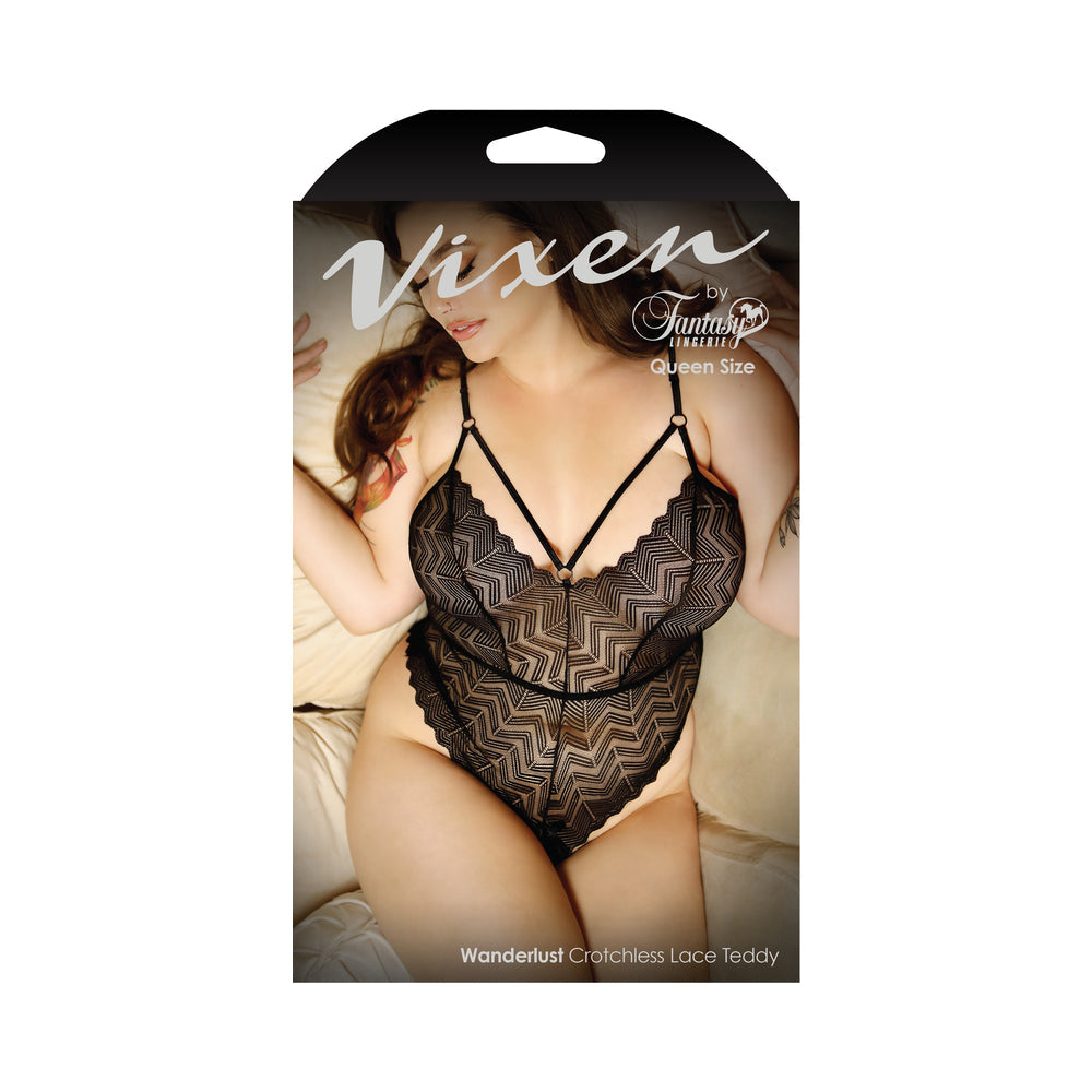 Fantasy Lingerie Vixen Wanderlust Crotchless Lace Teddy Queen Size Black - Not Very Vanilla