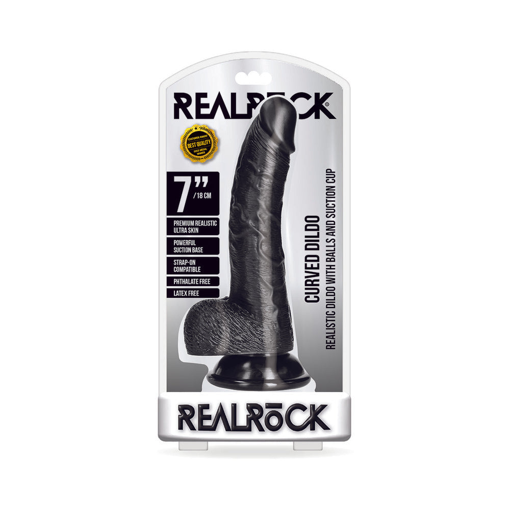 RealRock Realistic 7 in. Curved Dildo With Balls and Suction Cup Black - Not Very Vanilla