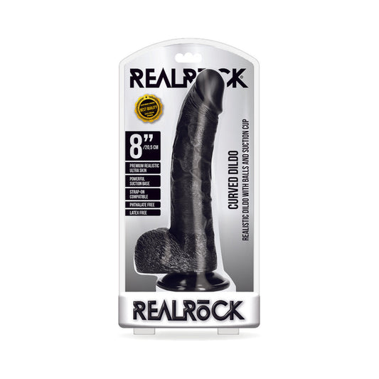 RealRock Realistic 8 in. Curved Dildo With Balls and Suction Cup Black - Not Very Vanilla