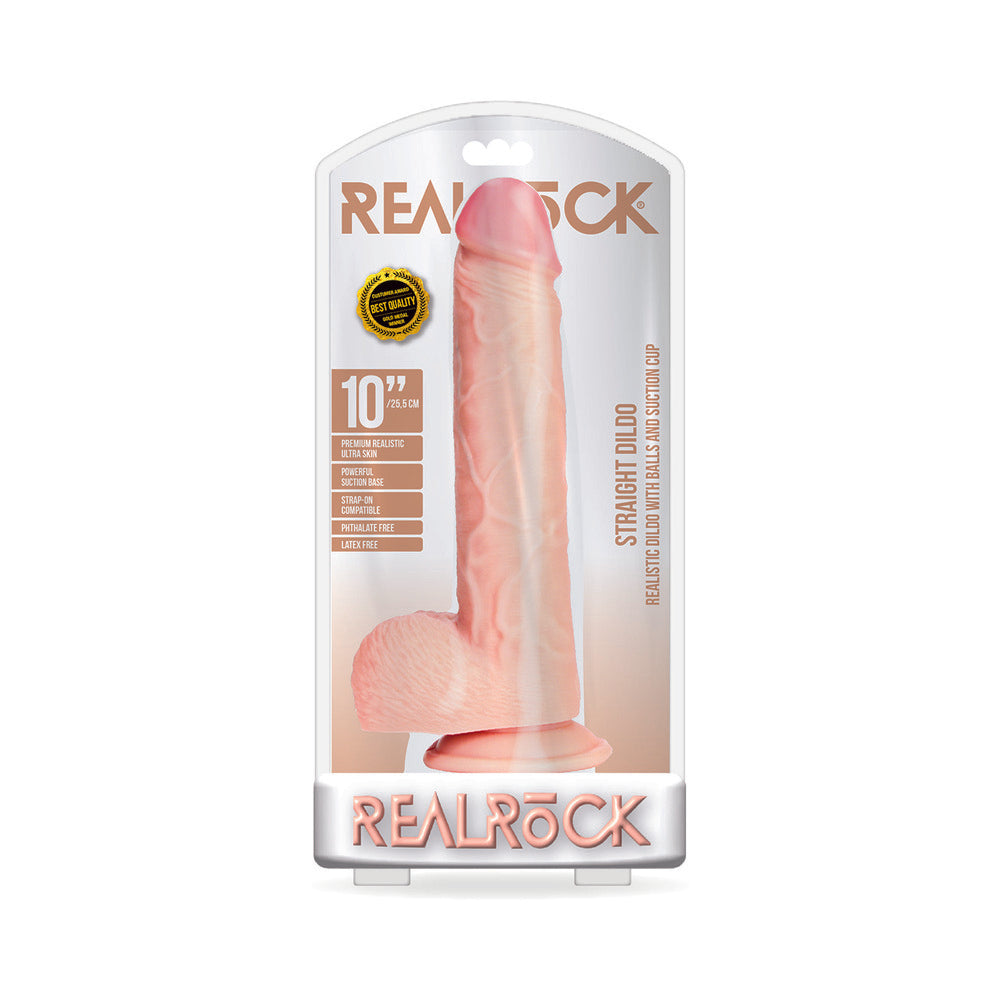 RealRock Realistic 10 in. Straight Dildo With Balls and Suction Cup Beige - Not Very Vanilla