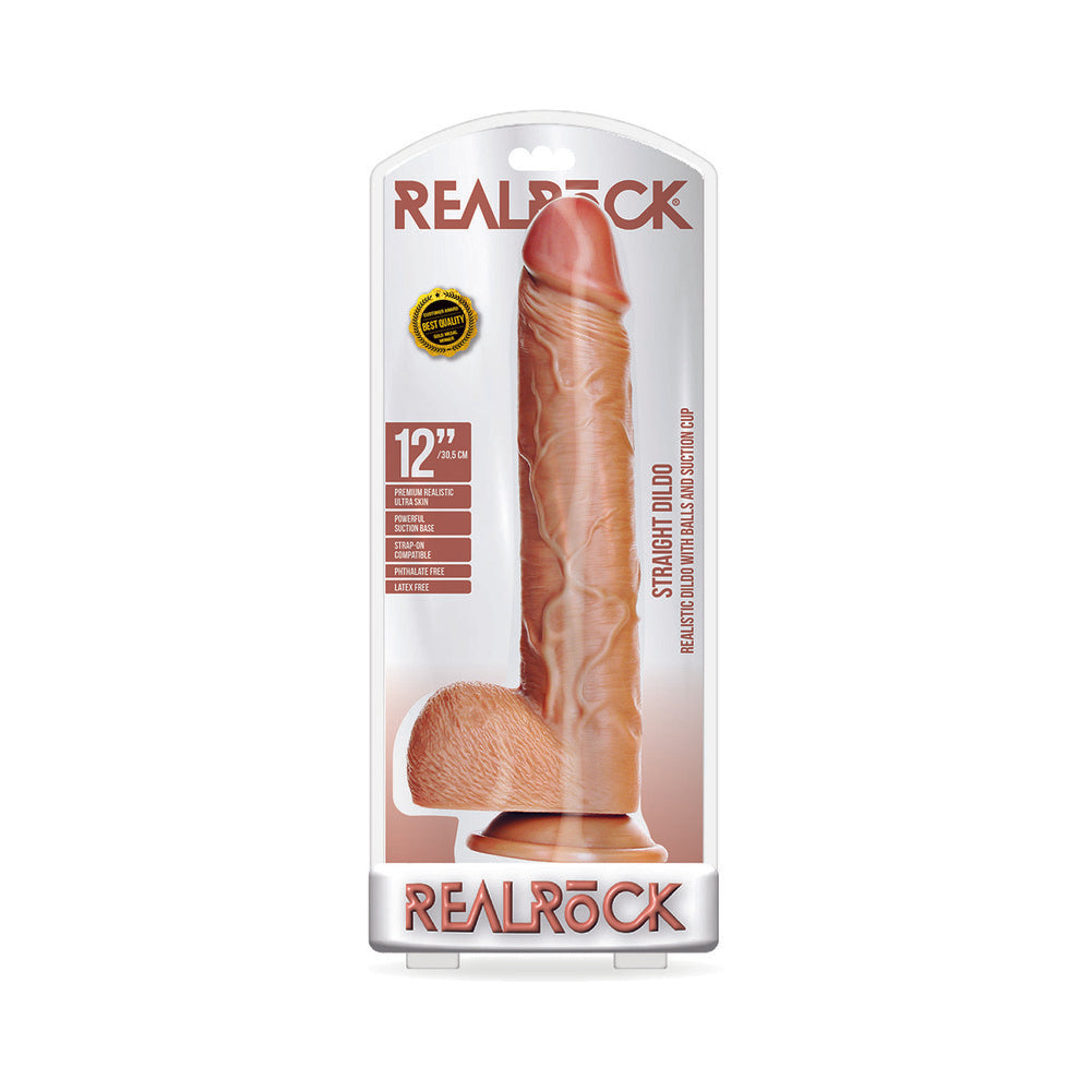 RealRock Realistic 12 in. Straight Dildo With Balls and Suction Cup Tan - Not Very Vanilla