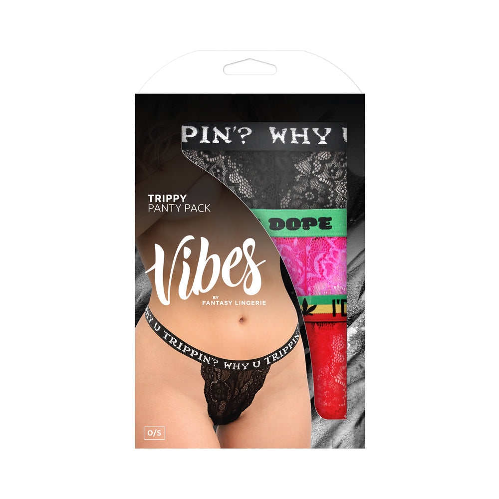 Fantasy Lingerie Vibes Trippy Vibes Pack 3-Piece Lace Thong Panty Set Black/Red/Pink O/S - Not Very Vanilla