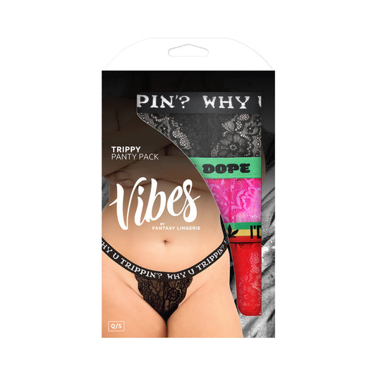 Fantasy Lingerie Vibes Trippy Vibes Pack 3-Piece Lace Thong Panty Set Black/Red/Pink Queen Size - Not Very Vanilla