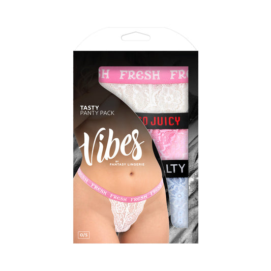 Fantasy Lingerie Vibes Tasty Vibes Pack 3-Piece Lace Thong Panty Set Blue/Pink/White O/S - Not Very Vanilla