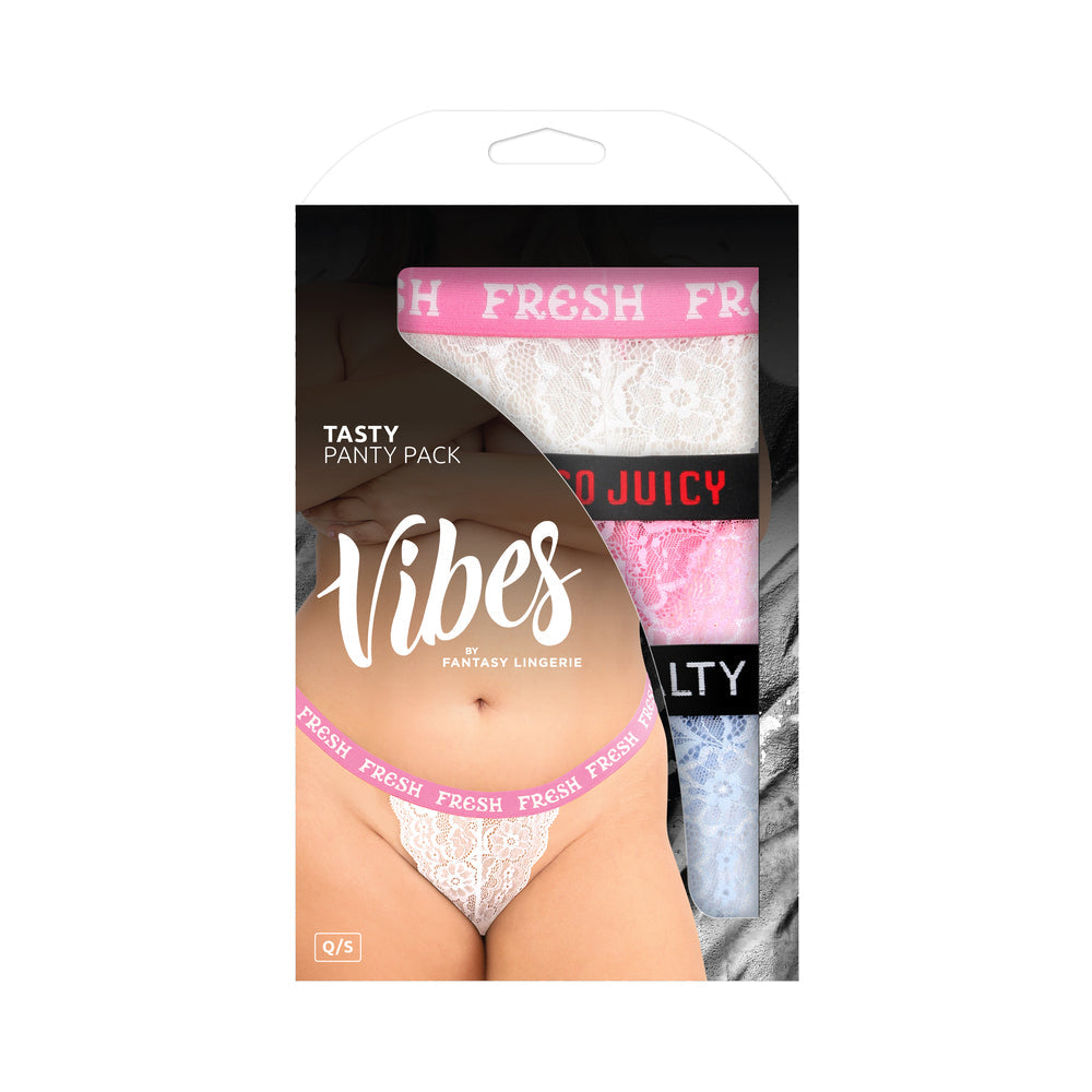 Fantasy Lingerie Vibes Tasty Vibes Pack 3-Piece Lace Thong Panty Set Blue/Pink/White Queen Size - Not Very Vanilla