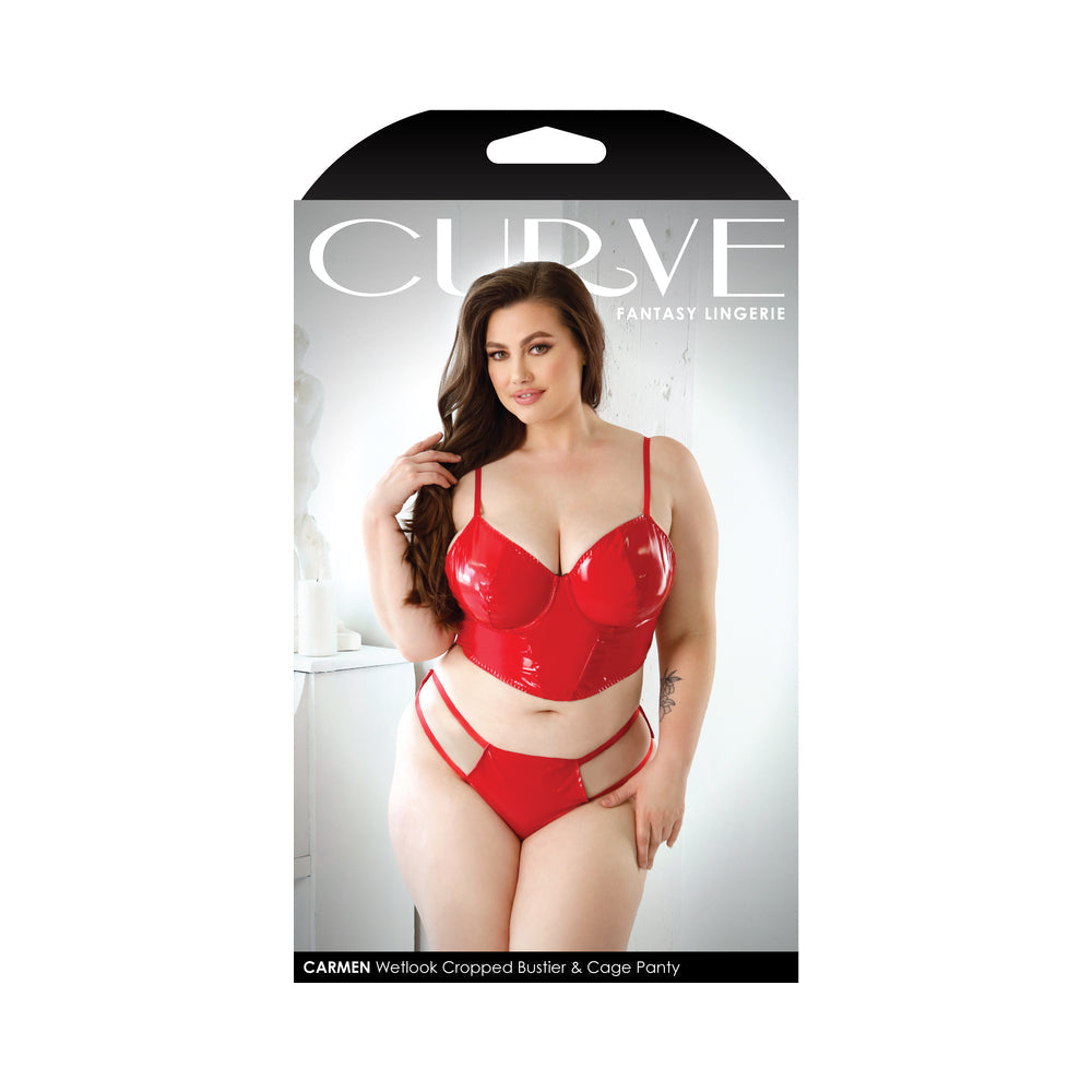 Fantasy Lingerie Curve Carmen Wetlook Cropped Bustier & Matching Cage Panty Red XL/2XL - Not Very Vanilla