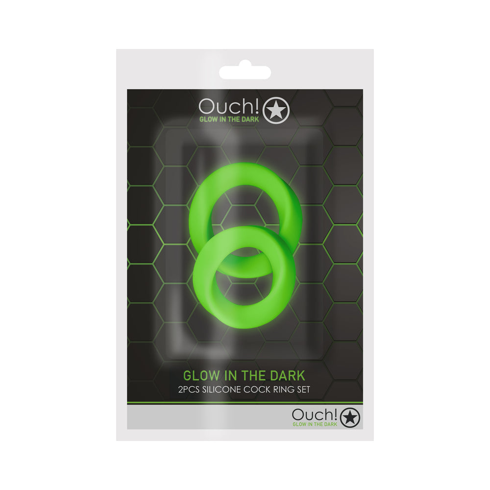 Ouch! Glow in the Dark 2-Piece Silicone Cockring Set Neon Green - Not Very Vanilla