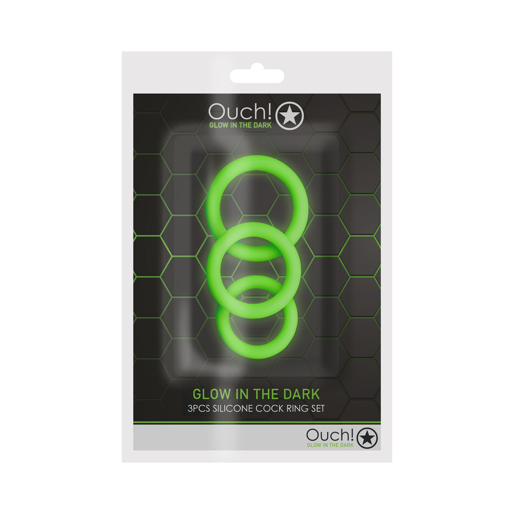 Ouch! Glow in the Dark 3-Piece Silicone Cockring Set Neon Green - Not Very Vanilla