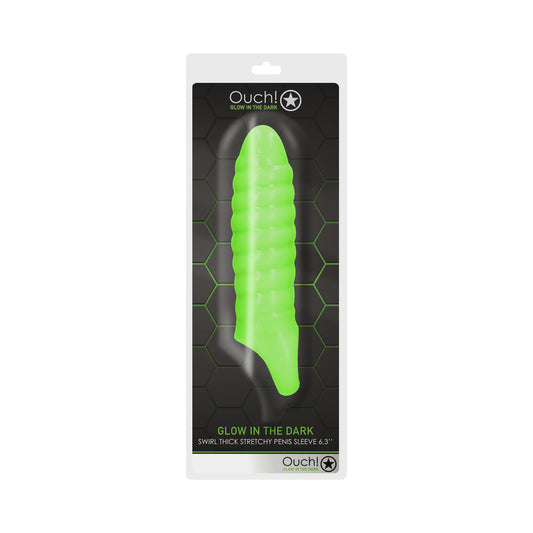 Ouch! Glow in the Dark Swirl Thick Stretchy 6.3 in. Penis Sleeve Neon Green - Not Very Vanilla