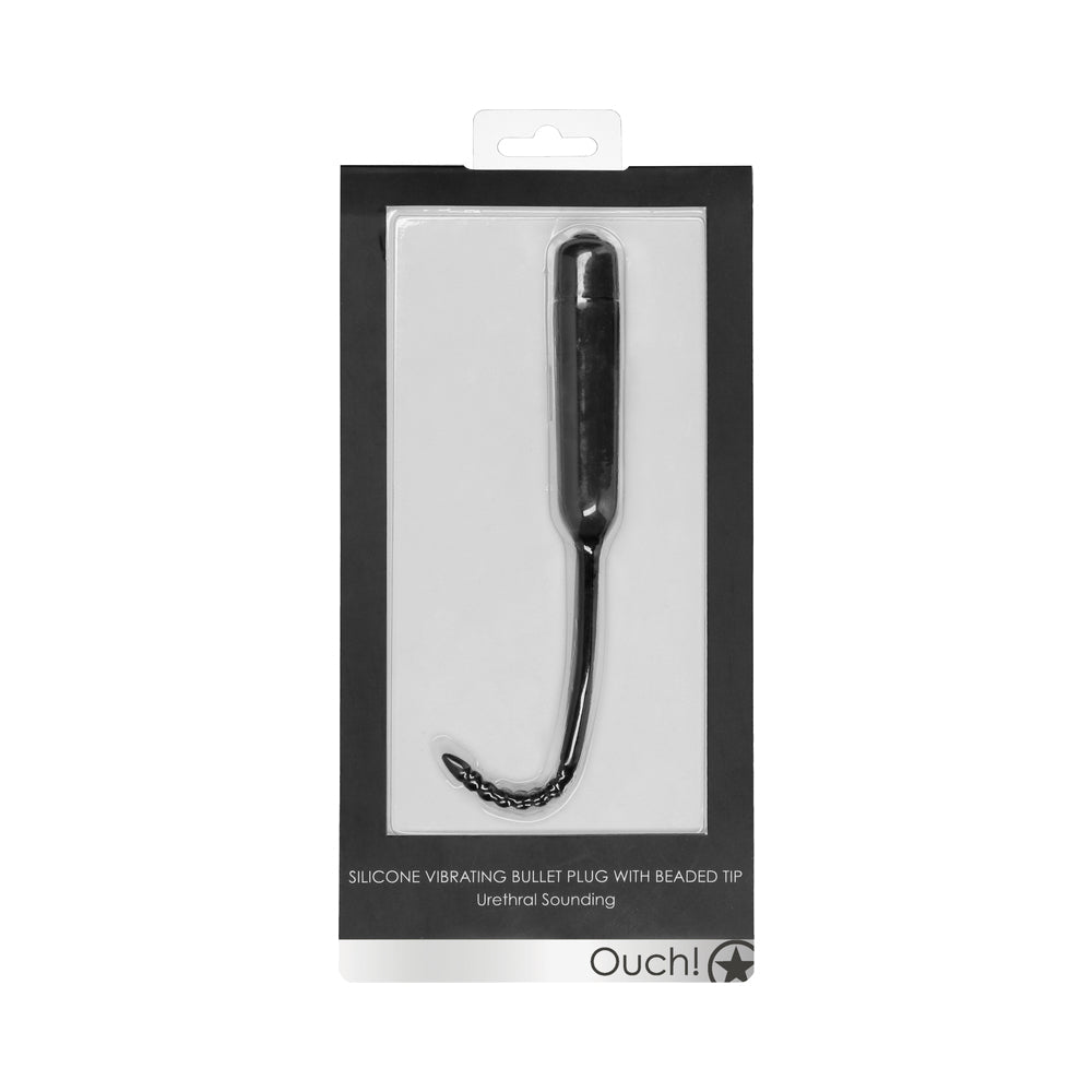 Ouch! Urethral Sounding Silicone Vibrating Bullet Plug With Beaded Tip Black 5.5 mm - 7 mm - Not Very Vanilla