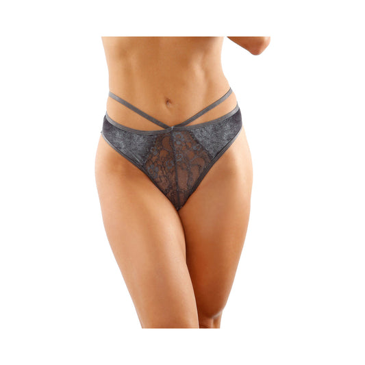 Kalina Velvet Strappy Cut-Out Thong With Keyhole Back Gray S/M - Not Very Vanilla