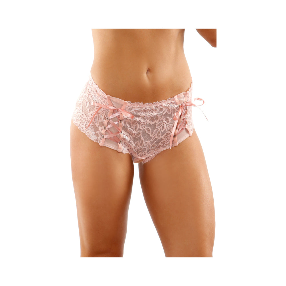 Magnolia Crotchless Lace Boyshort With Lace-Up Panel Details Light Pink S/M - Not Very Vanilla