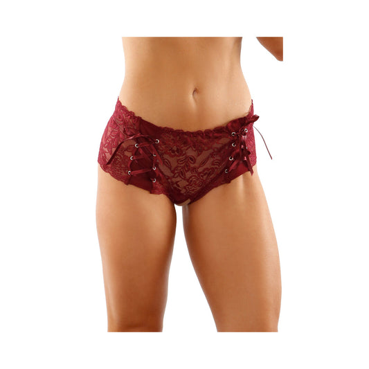 Magnolia Crotchless Lace Boyshort With Lace-Up Panel Details Garnet S/M - Not Very Vanilla