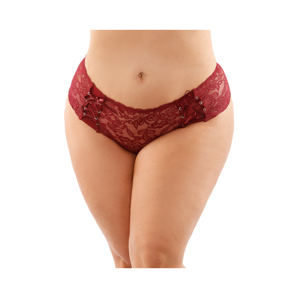 Magnolia Crotchless Lace Boyshort With Lace-Up Panel Details Garnet Queen - Not Very Vanilla