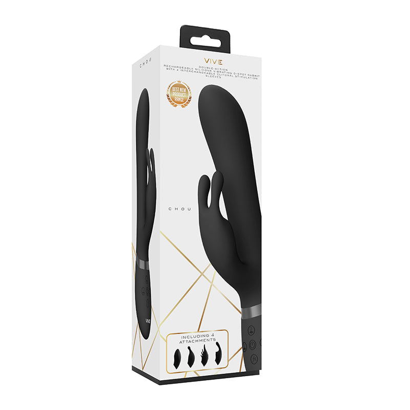 VIVE CHOU Rechargeable Silicone Rabbit Vibrator With Interchangeable Clitoral Sleeves Black - Not Very Vanilla