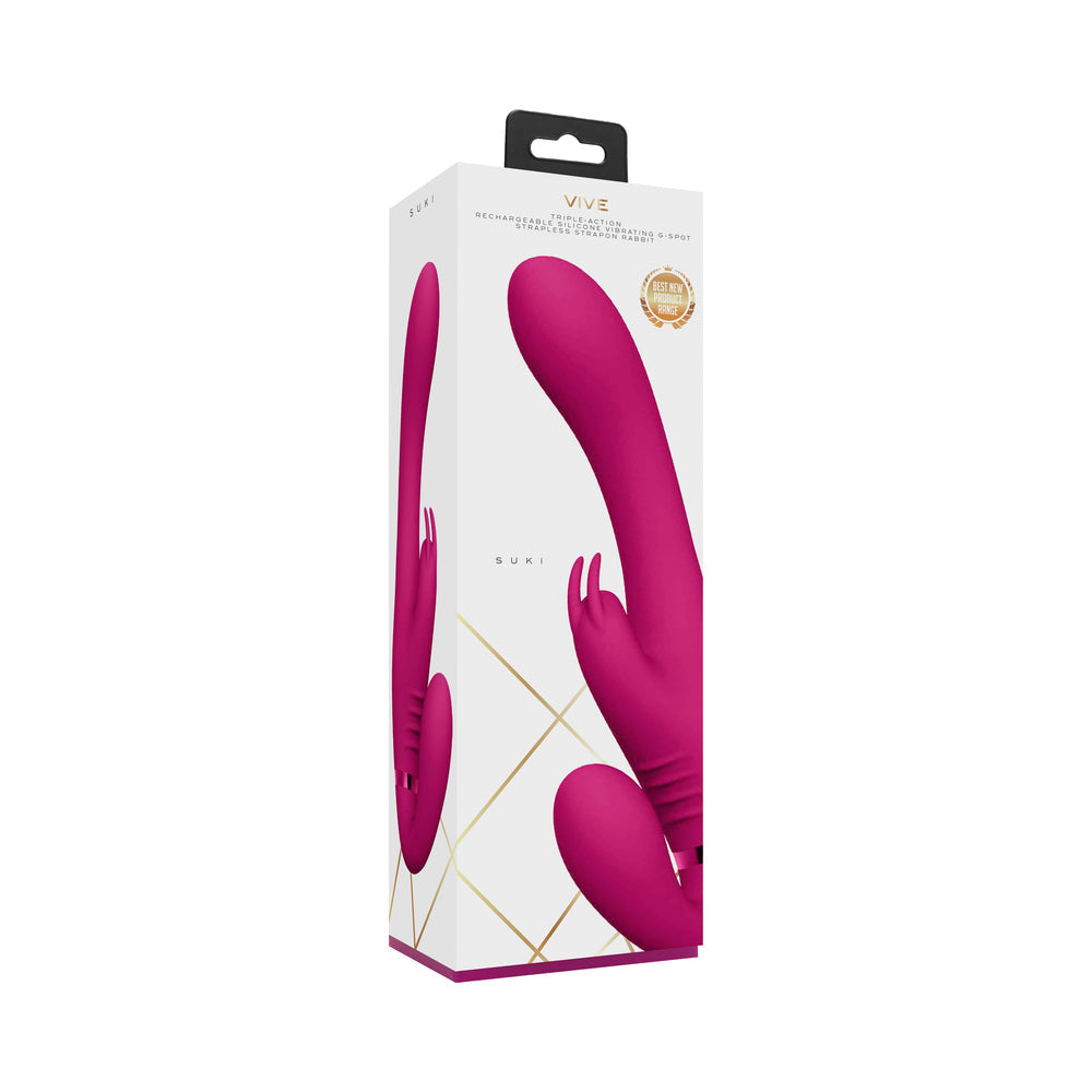 VIVE SUKI Rechargeable Triple Motor Pulse-Wave Vibrating Silicone Strapless Strap-On Pink - Not Very Vanilla