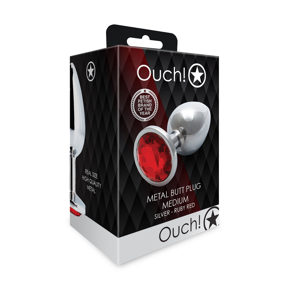 Shots Ouch! Round Gem Butt Plug Medium Silver/Ruby Red - Not Very Vanilla