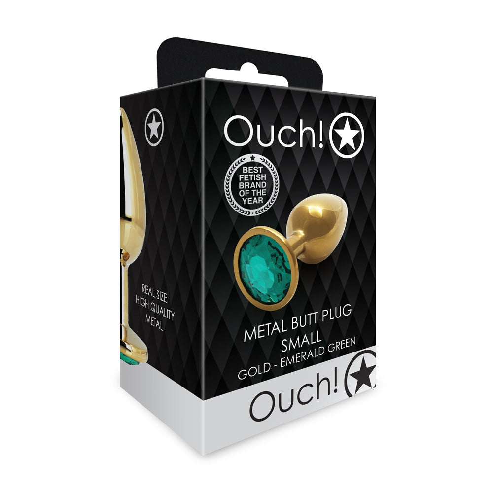 Shots Ouch! Round Gem Butt Plug Small Gold/Emerald Green - Not Very Vanilla