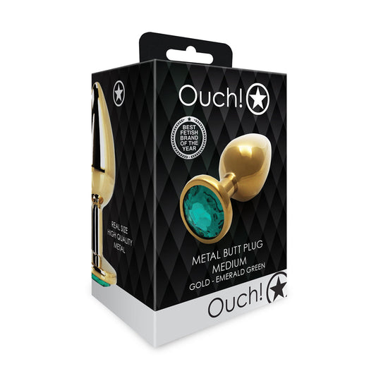 Shots Ouch! Round Gem Butt Plug Medium Gold/Emerald Green - Not Very Vanilla