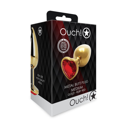 Shots Ouch! Heart Gem Butt Plug Medium Gold/Ruby Red - Not Very Vanilla